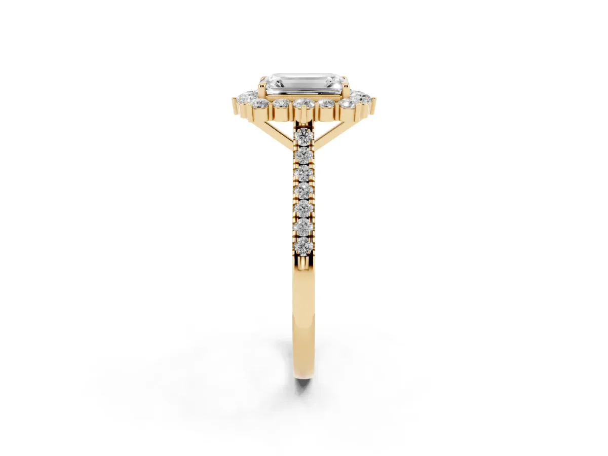 Emerald Cut Halo Diamond Ring with Pavé Band and Prong Setting Yellow gold