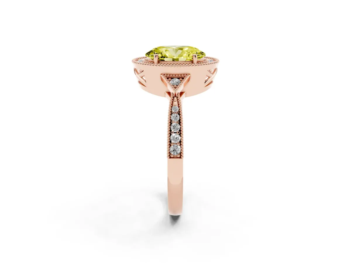 Fancy Yellow Oval Cut Halo Round Diamond Milgrain Pave Engagement Ring Rose gold