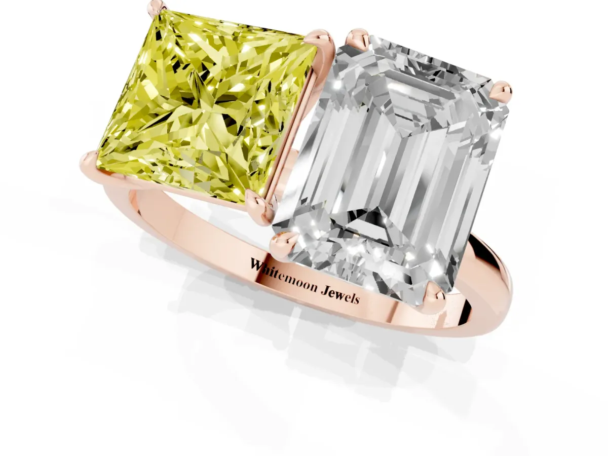 Fancy Yellow Princess Cut and Emerald Cut Toi Moi Ring with Prong Setting Rose gold