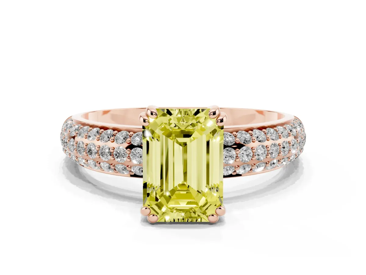 Fancy Yellow Emerald Cut Diamond Solitaire Ring with Multi-Row Round Pavé Band and Prong Setting Rose gold