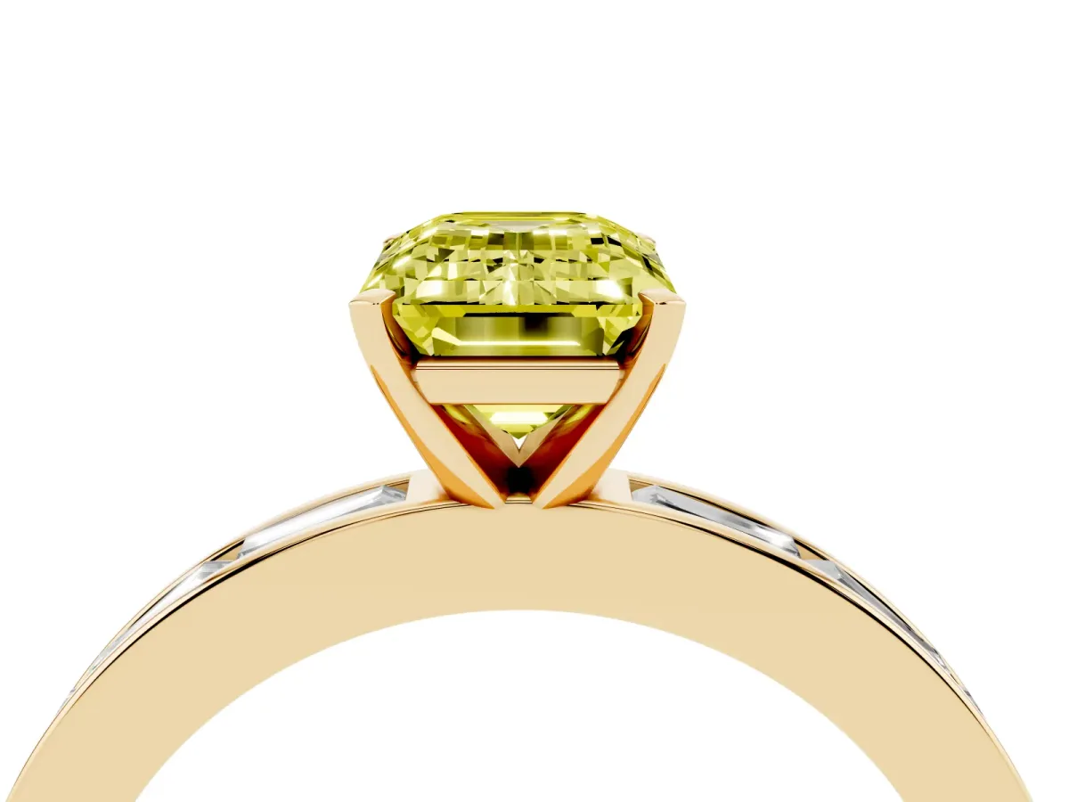 Fancy Yellow Emerald Cut Solitaire Diamond Ring with Channel-Set Baguette Band and Four-Prong Setting Yellow gold
