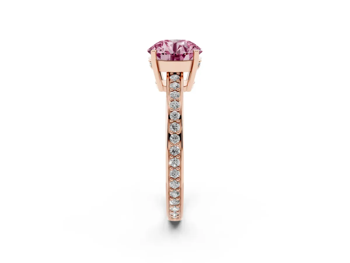 Fancy Pink Round Cut Solitaire Pavé Band Prong Setting Ring Rose gold