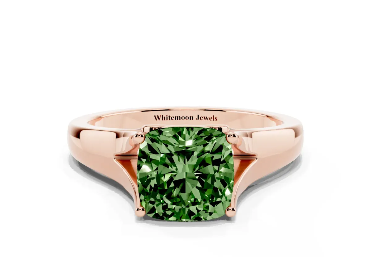 Fancy Green Cushion Cut Solitaire Diamond Ring with Cathedral Band and Four-Prong Setting Rose gold
