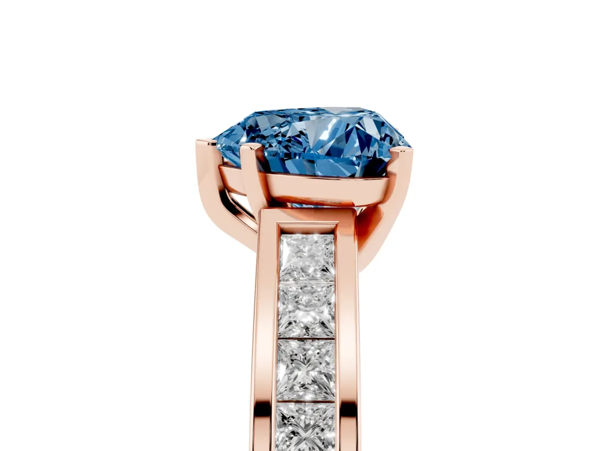 Fancy Blue Heart Cut Solitaire Diamond Ring with Channel-Set Band and Four-Prong Setting Rose gold