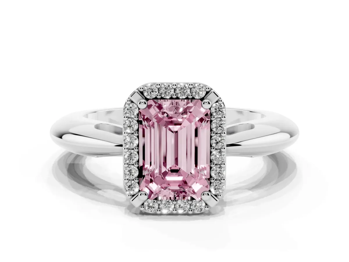 Fancy Pink Emerald Cut Cut Diamond Halo Engagement Ring with Split Shank and Four-Prong Setting Platinum
