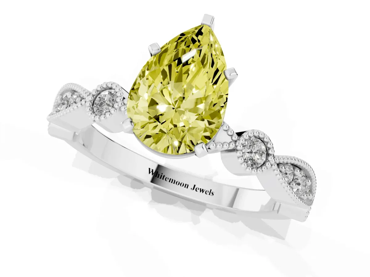 Fancy Yellow Pear Cut Milgrain Bezel Diamond Engagement Ring with Solitaire Prong Setting Platinum