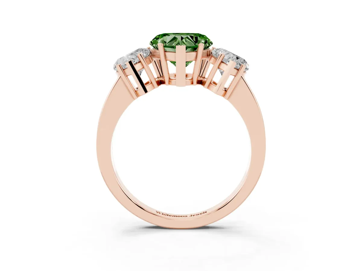 Fancy Green Three-Stone Heart Cut Cut Diamond Engagement Ring with Flat Band and Four-Prong Setting Rose gold