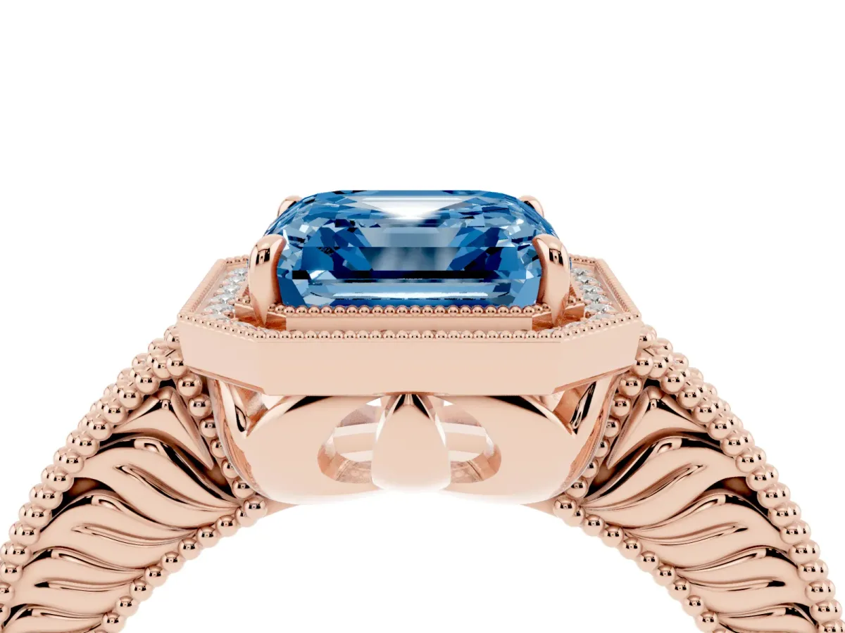 Fancy Blue Asscher Cut Cut Halo Diamond Ring with Pavé Band and Four-Prong Setting Rose gold
