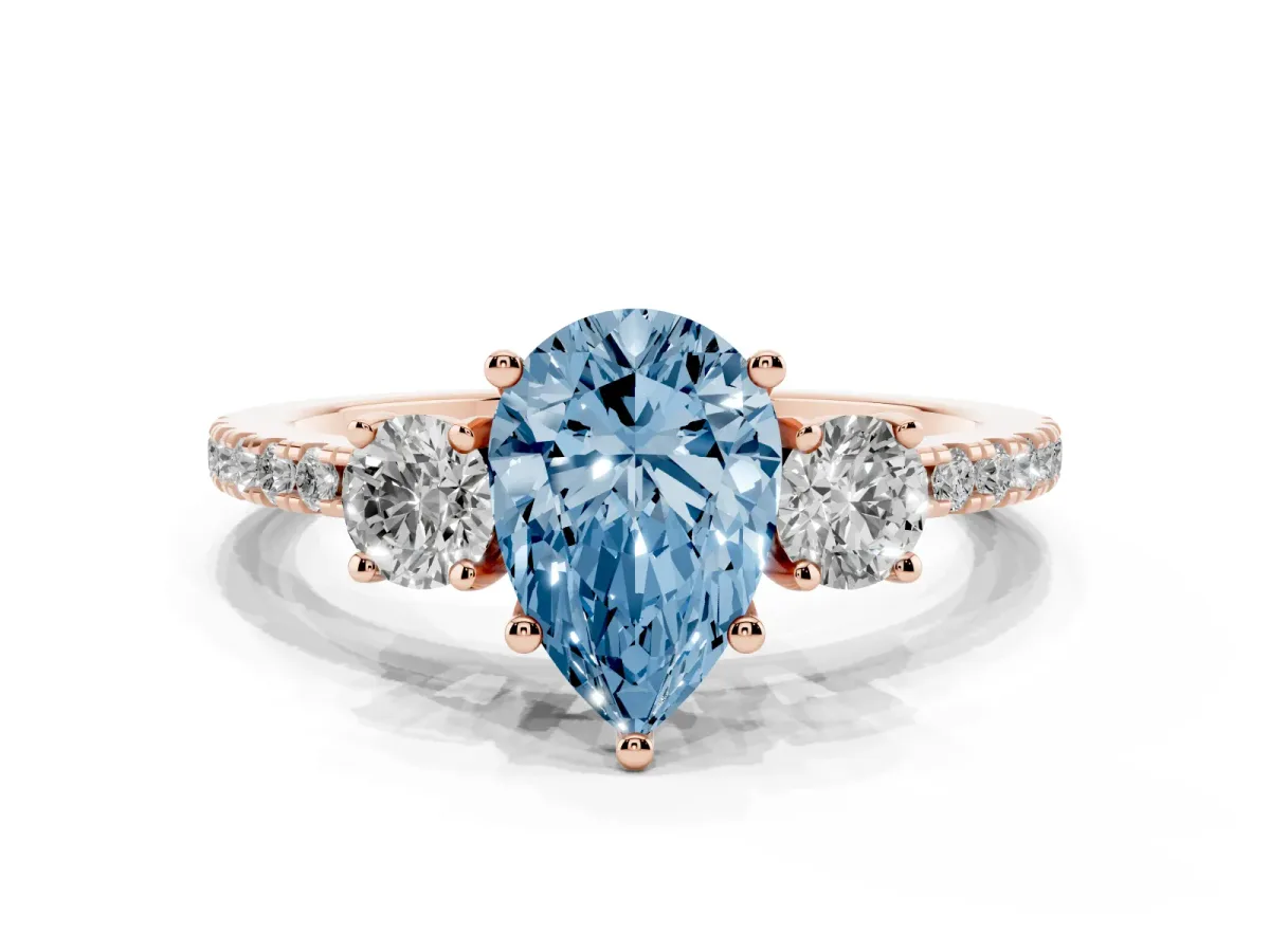 Fancy Blue Three-Stone Pear Cut Cut Diamond Pavé Band with Prong Setting Rose gold
