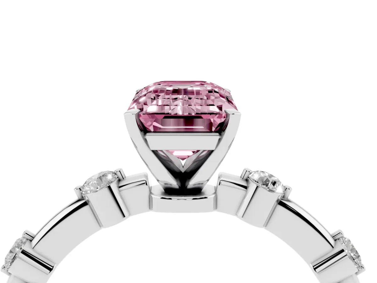 Fancy Pink Emerald Cut Solitaire Diamond Ring with Bezel Set Side Stones and Prong Setting Platinum