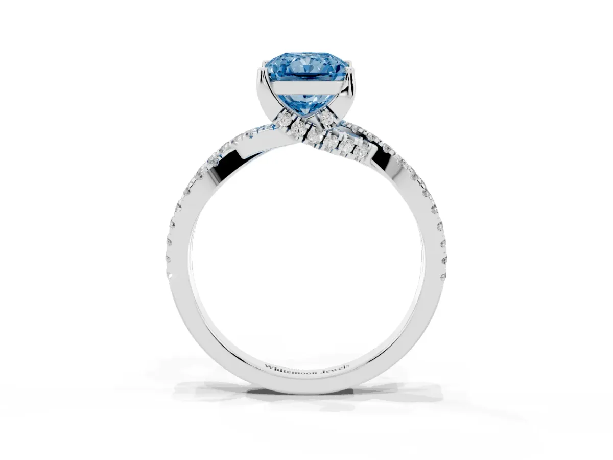 Fancy Blue Radiant Cut Solitaire Twist Pave Diamond Engagement Ring with Prong Setting Silver