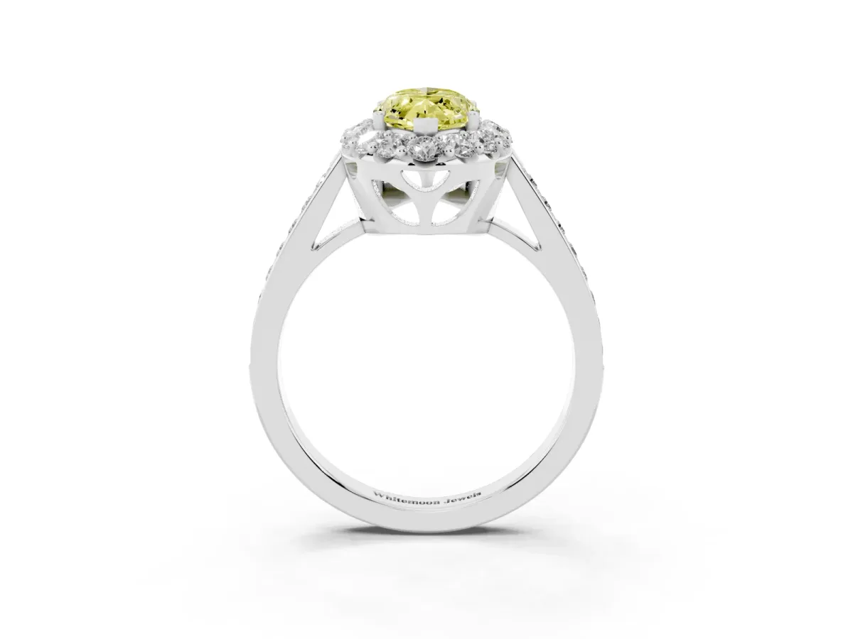 Fancy Yellow Marquise Cut Diamond Floral Halo Ring with Pavé Band and Prong Setting Platinum