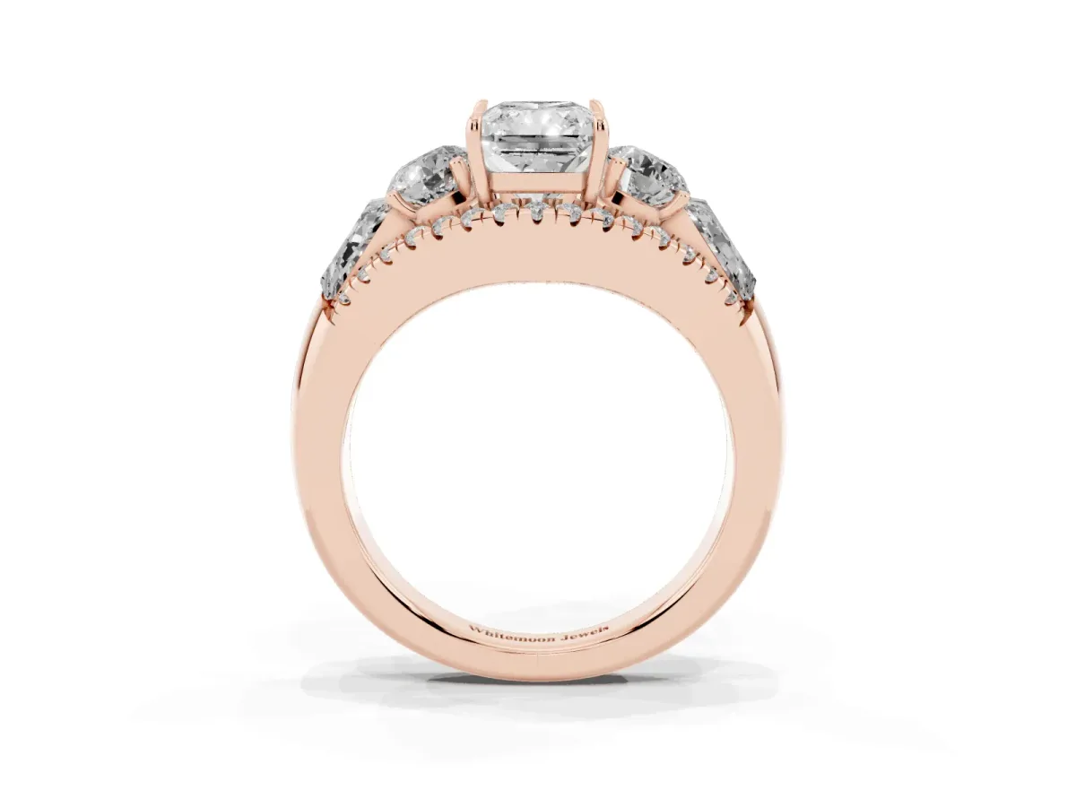 Three-Stone Radiant Cut Diamond Engagement Ring with Pave Band and Prong Setting Rose gold