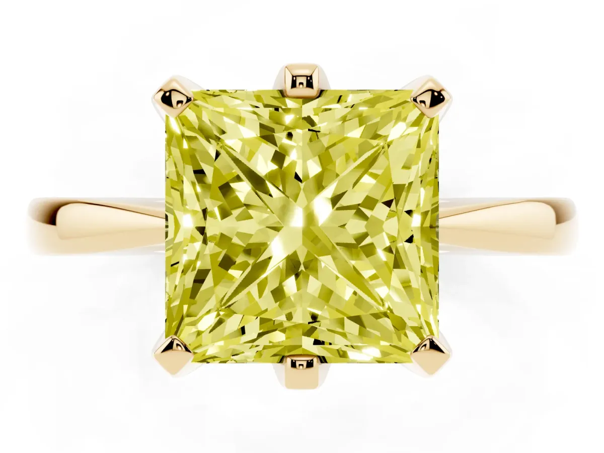 Fancy Yellow Princess Cut Solitaire Engagement Ring with Six-Prong Setting and Tapered Band Yellow gold