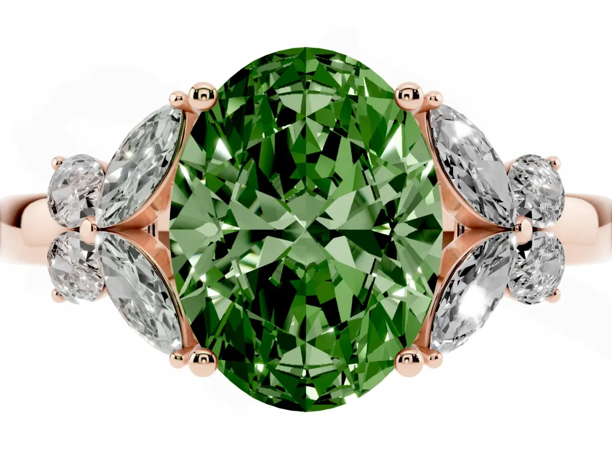 Fancy Green Oval Cut Cut Solitaire Floral Diamond Ring with Four-Prong Setting Rose gold