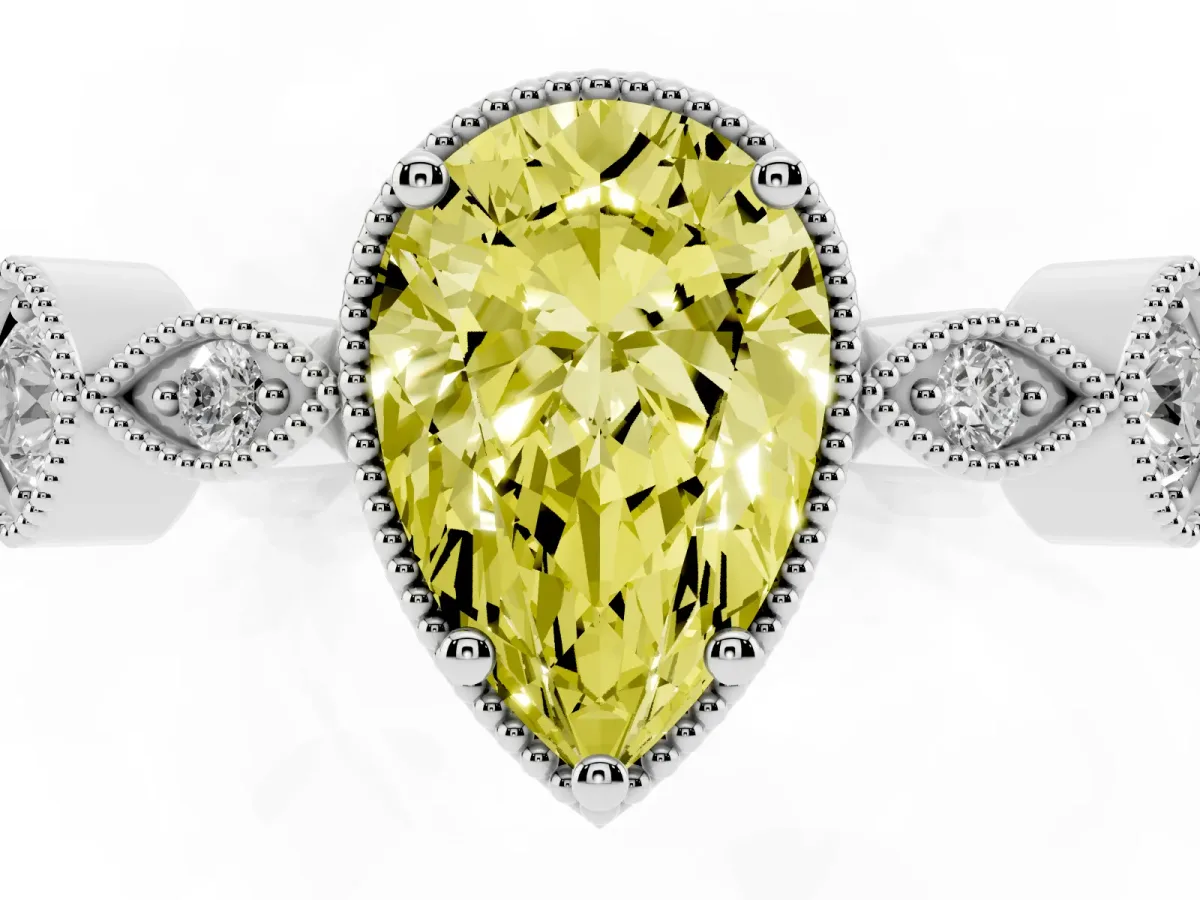 Fancy Yellow Pear Cut Diamond Vintage Milgrain Ring with Round Stations Silver