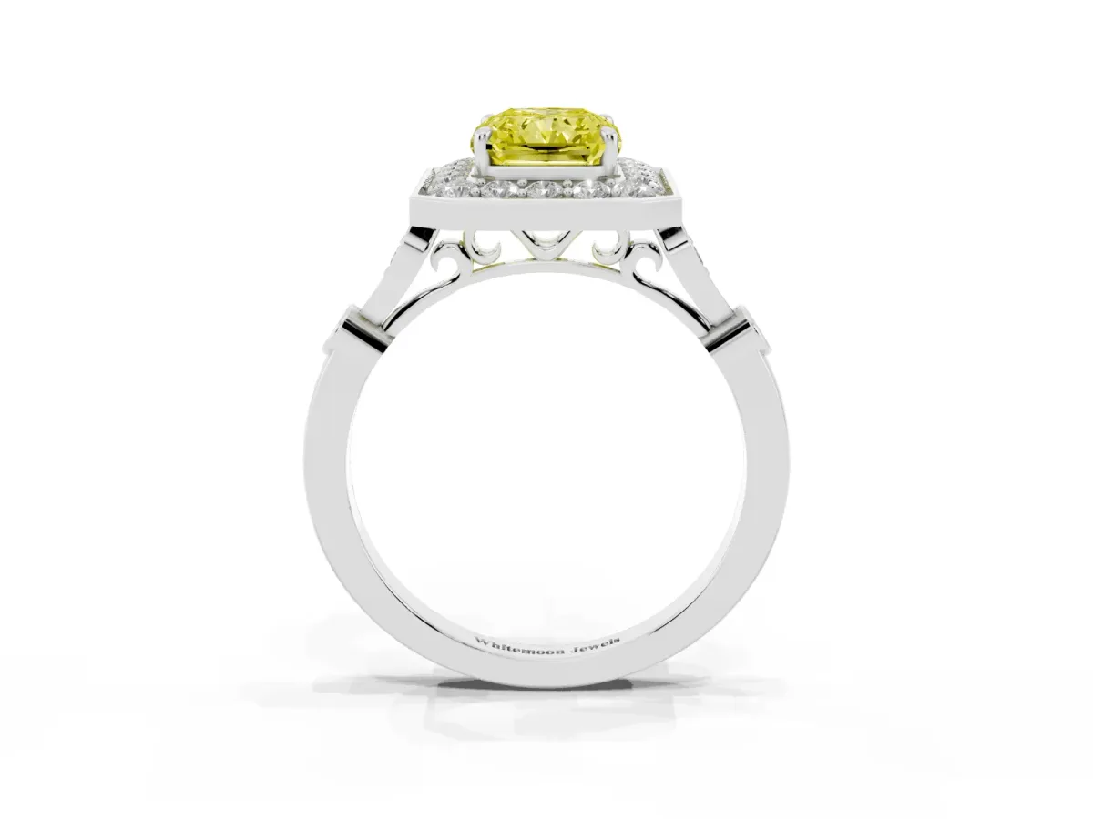 Fancy Yellow Radiant Cut Halo Diamond Engagement Ring with Twisted Band and Four-Prong Setting White gold