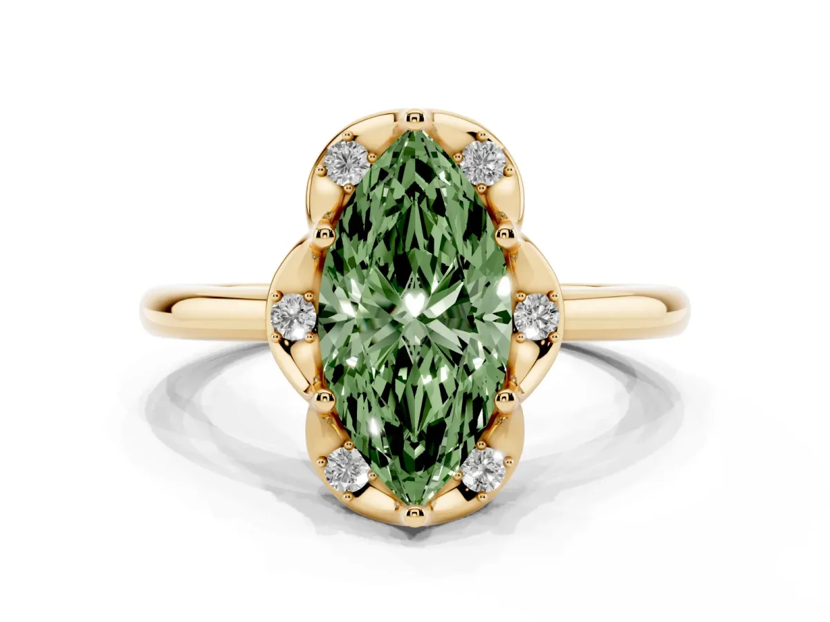 Fancy Green Marquise Cut Halo Diamond Ring with Round Cluster Setting, Solitaire Band, and Four-Prong Setting Yellow gold