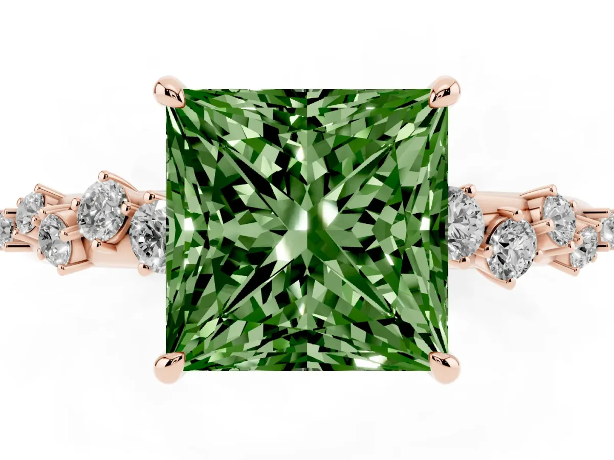 Fancy Green Princess Cut Diamond Cluster Prong-Set Solitaire Ring Rose gold