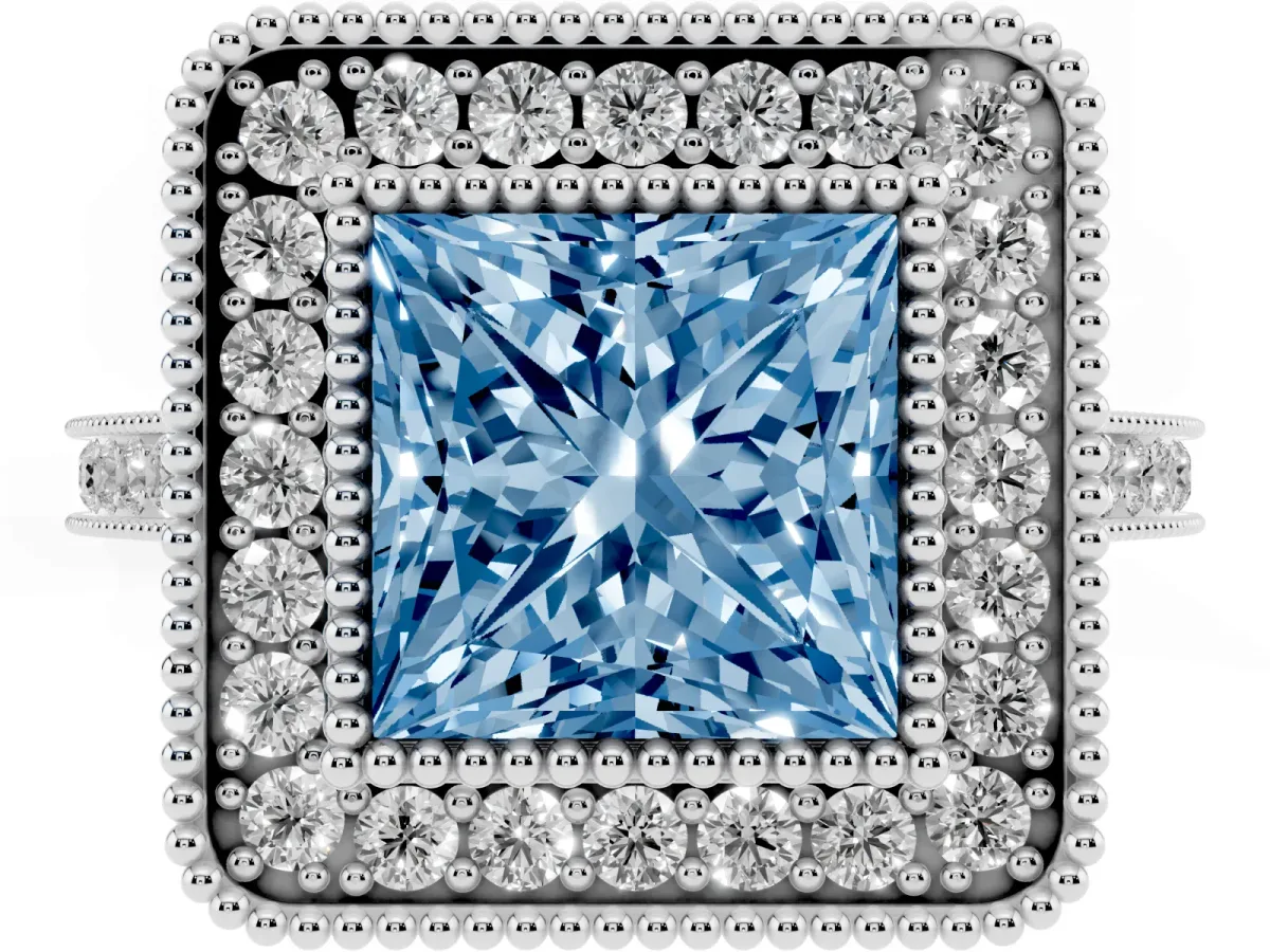 Fancy Blue Princess Cut Diamond Halo Ring with Milgrain Frame and Pavé Band Platinum