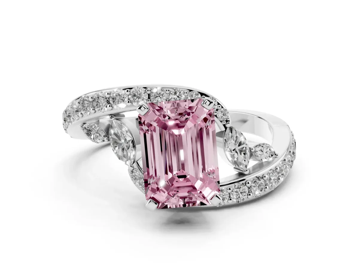 Fancy Pink Emerald Cut Solitaire with Pavé Twist Band and Four-Prong Setting Silver