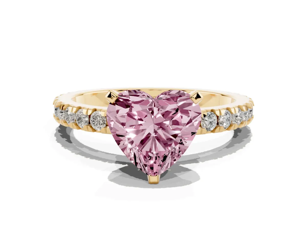 Fancy Pink Heart Cut Diamond Pavé Band Solitaire with Four-Prong Setting Yellow gold