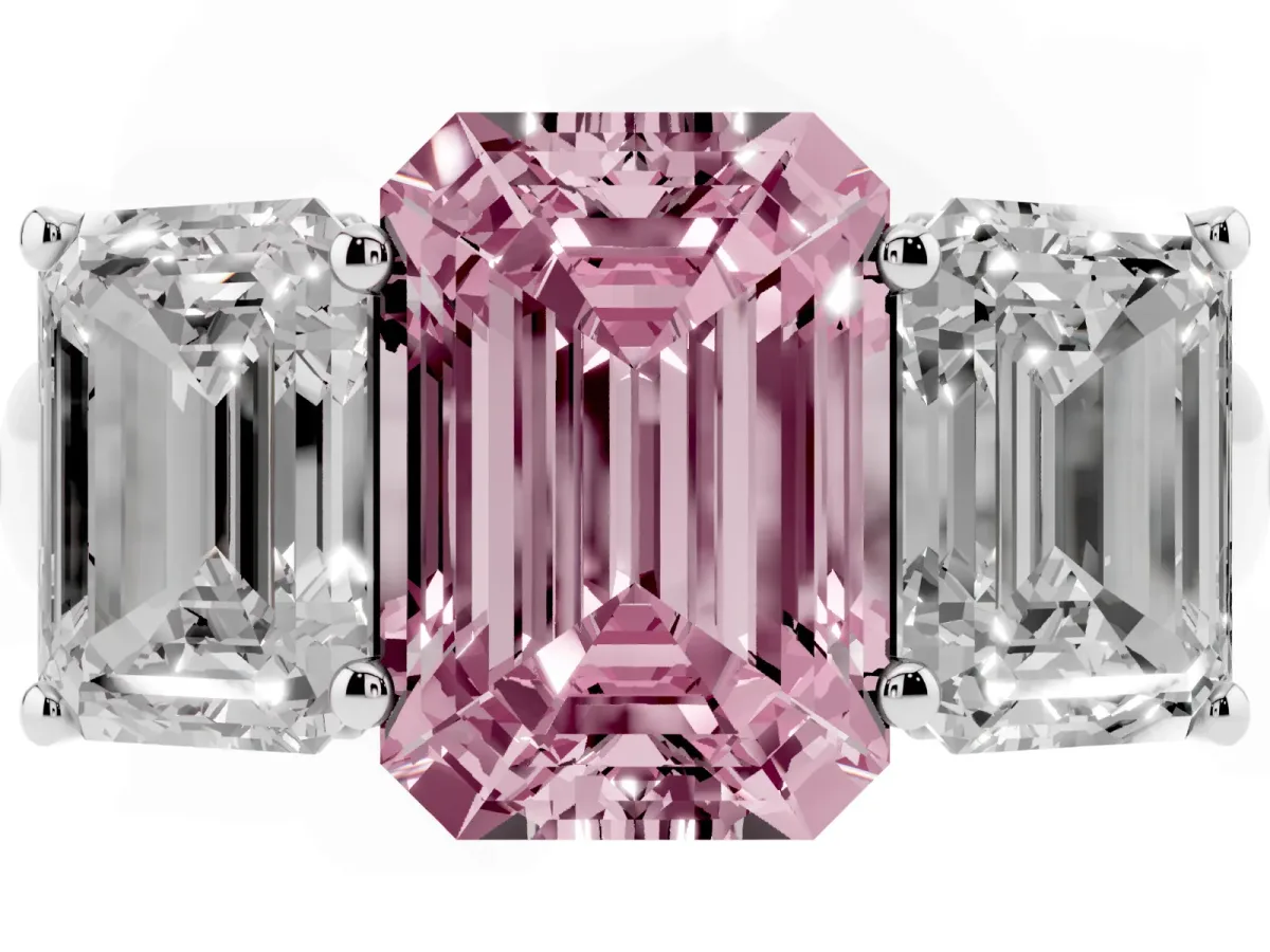 Fancy Pink Emerald Cut Three-Stone Diamond Ring with Prong Setting on a Classic Band Silver