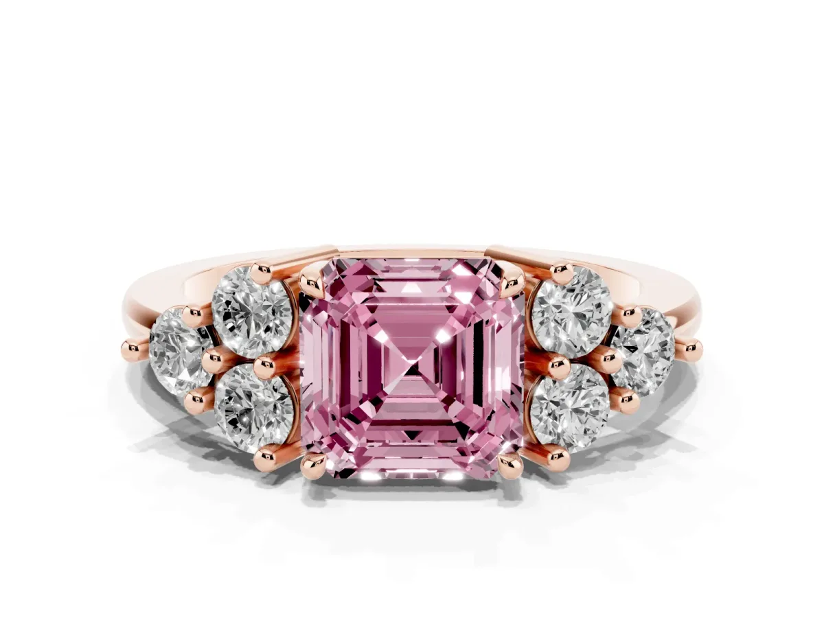 Fancy Pink Asscher Cut Brilliant Diamond Cluster Accent Solitaire Ring with Prong Setting Rose gold