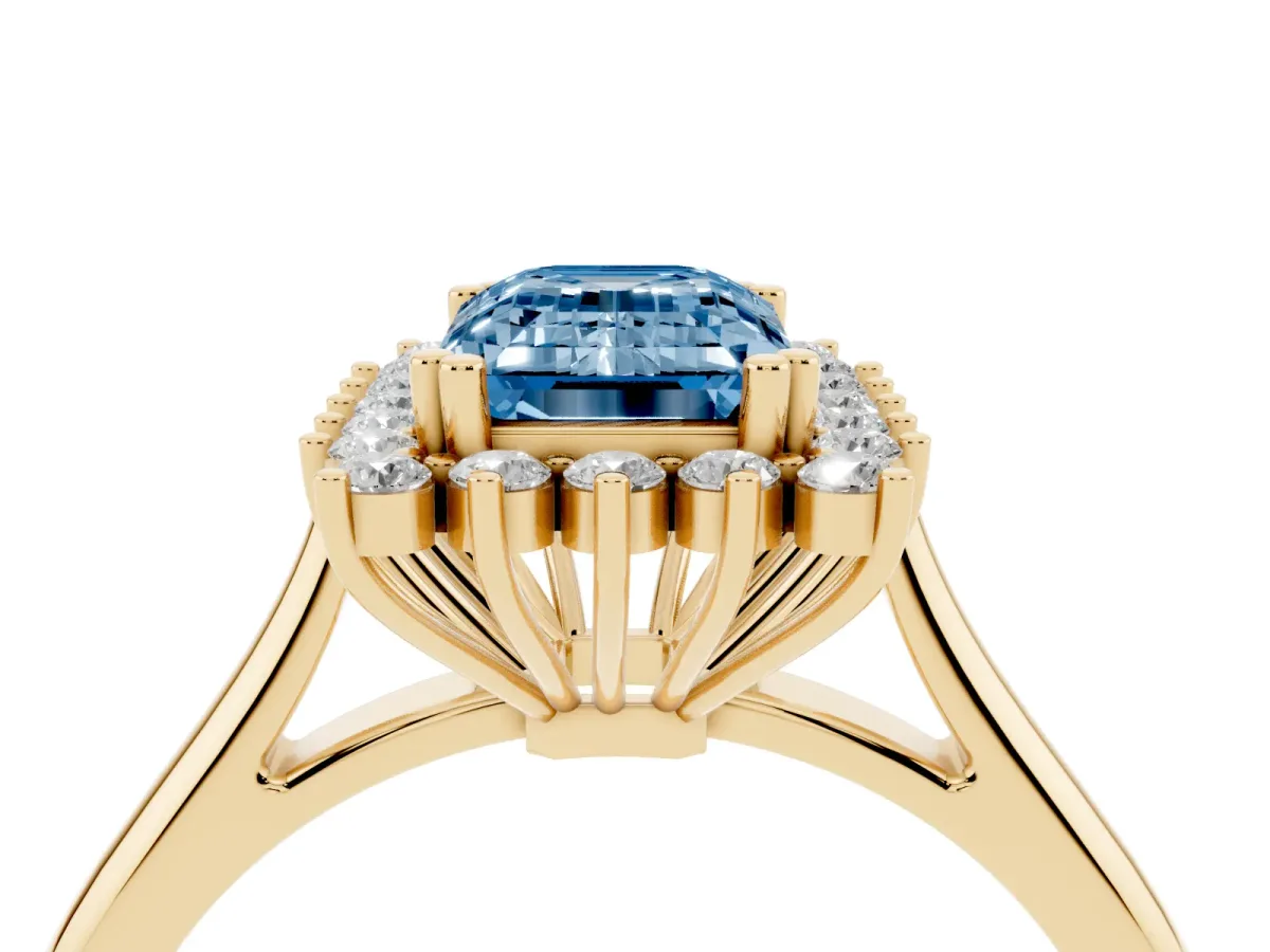 Fancy Blue Emerald Cut Cut Diamond Halo Ring with Solitaire Band and Prong Setting Yellow gold