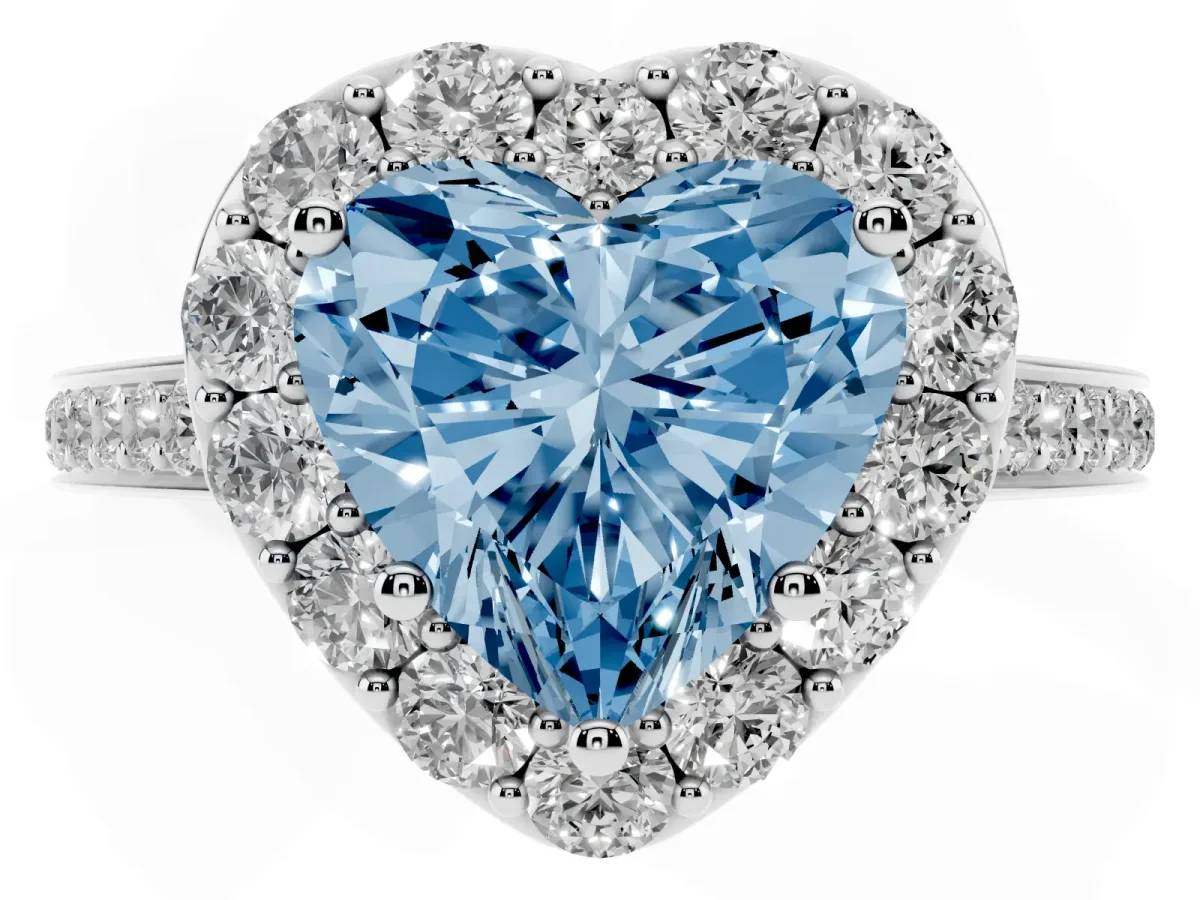 Fancy Blue Heart Cut Diamond Floral Halo Ring with Pavé Band and Prong Setting White gold
