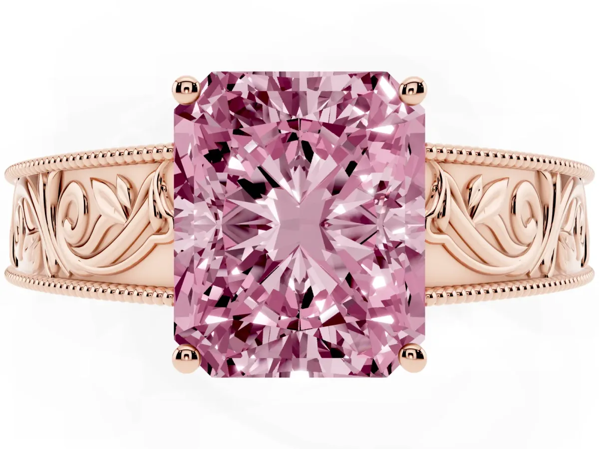 Fancy Pink Radiant Cut Diamond Solitaire Ring with Engraved Band and Four-Prong Setting Rose gold