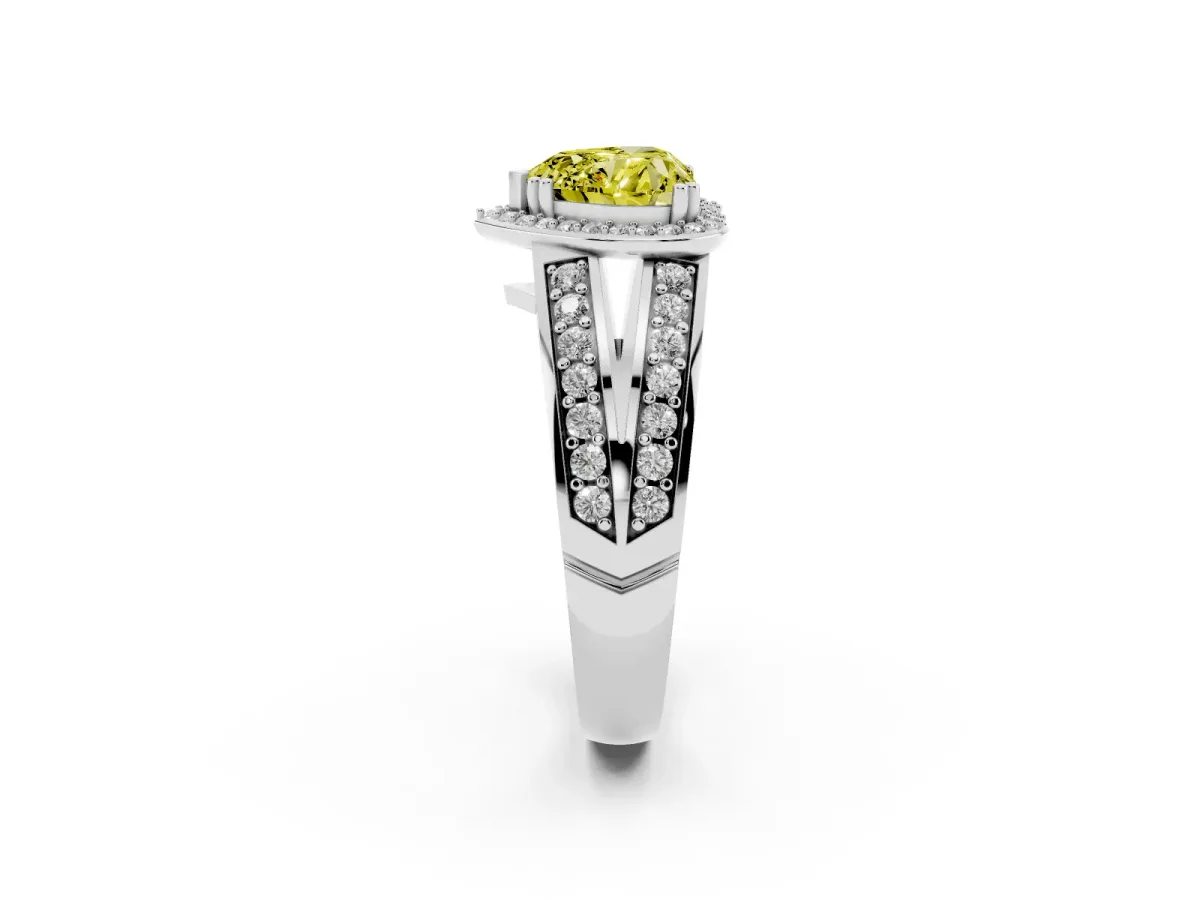 Fancy Yellow Heart Cut Diamond Halo Ring with Split Shank Pavé Band and Four-Prong Setting Platinum