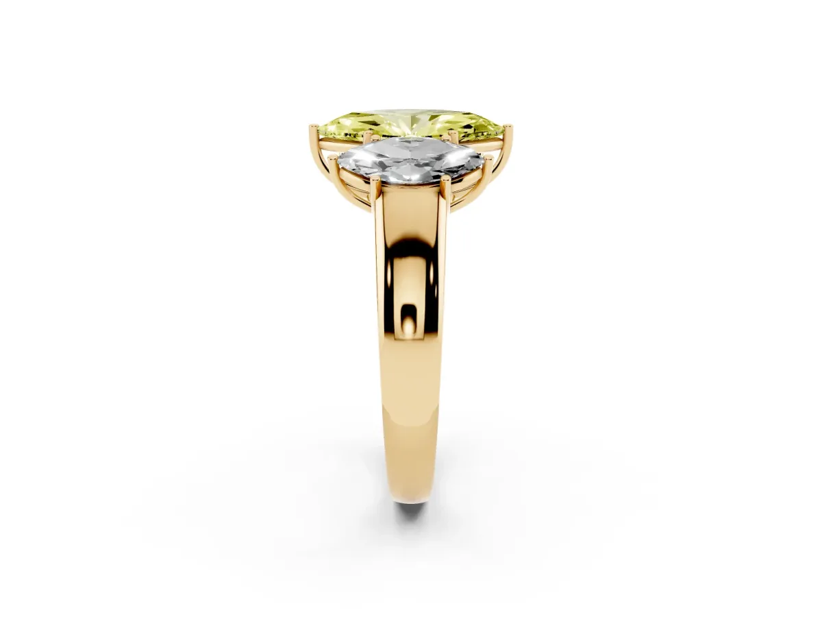 Fancy Yellow Three-Stone Marquise Cut Cut Diamond Ring with Prong Setting and Classic Band Yellow gold
