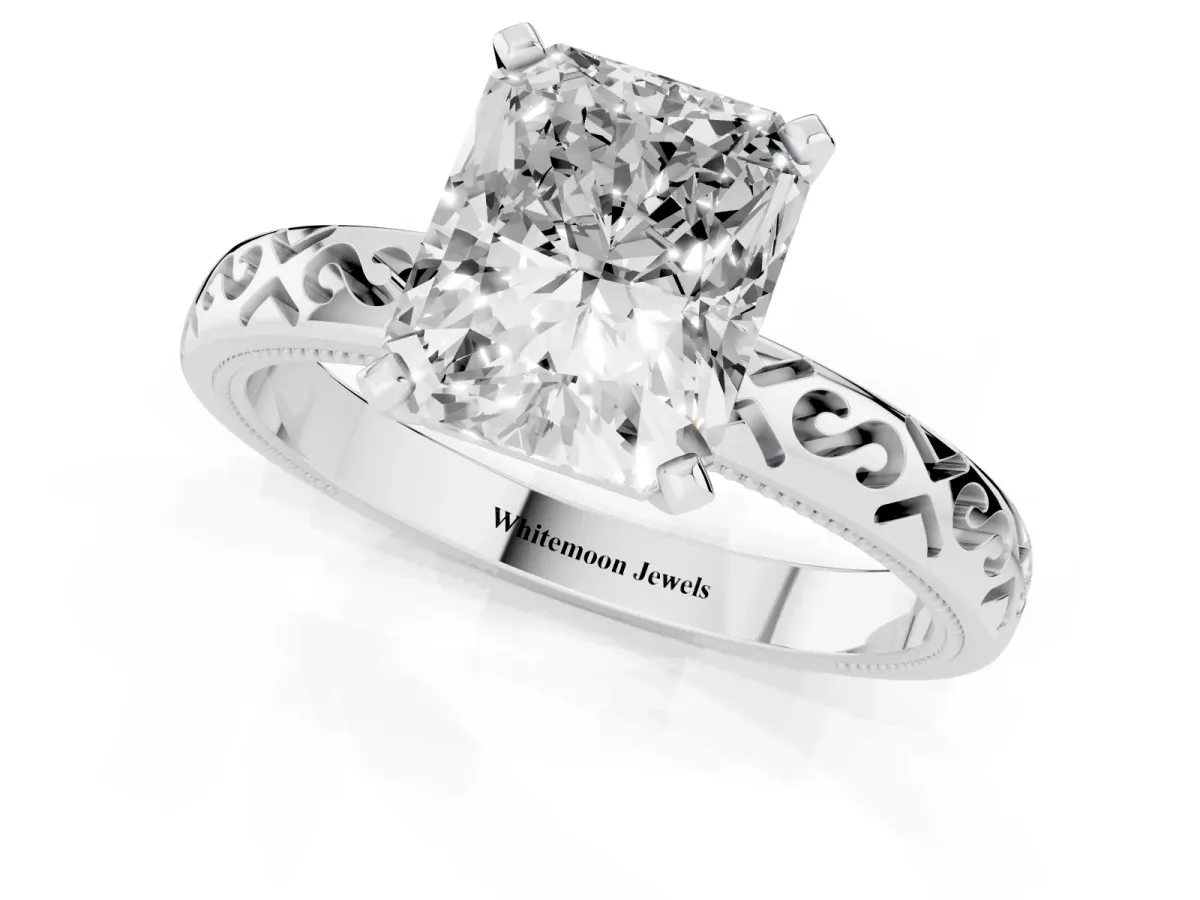 Radiant Cut Solitaire Engagement Ring with Scrollwork Band and Four-Prong Setting White gold