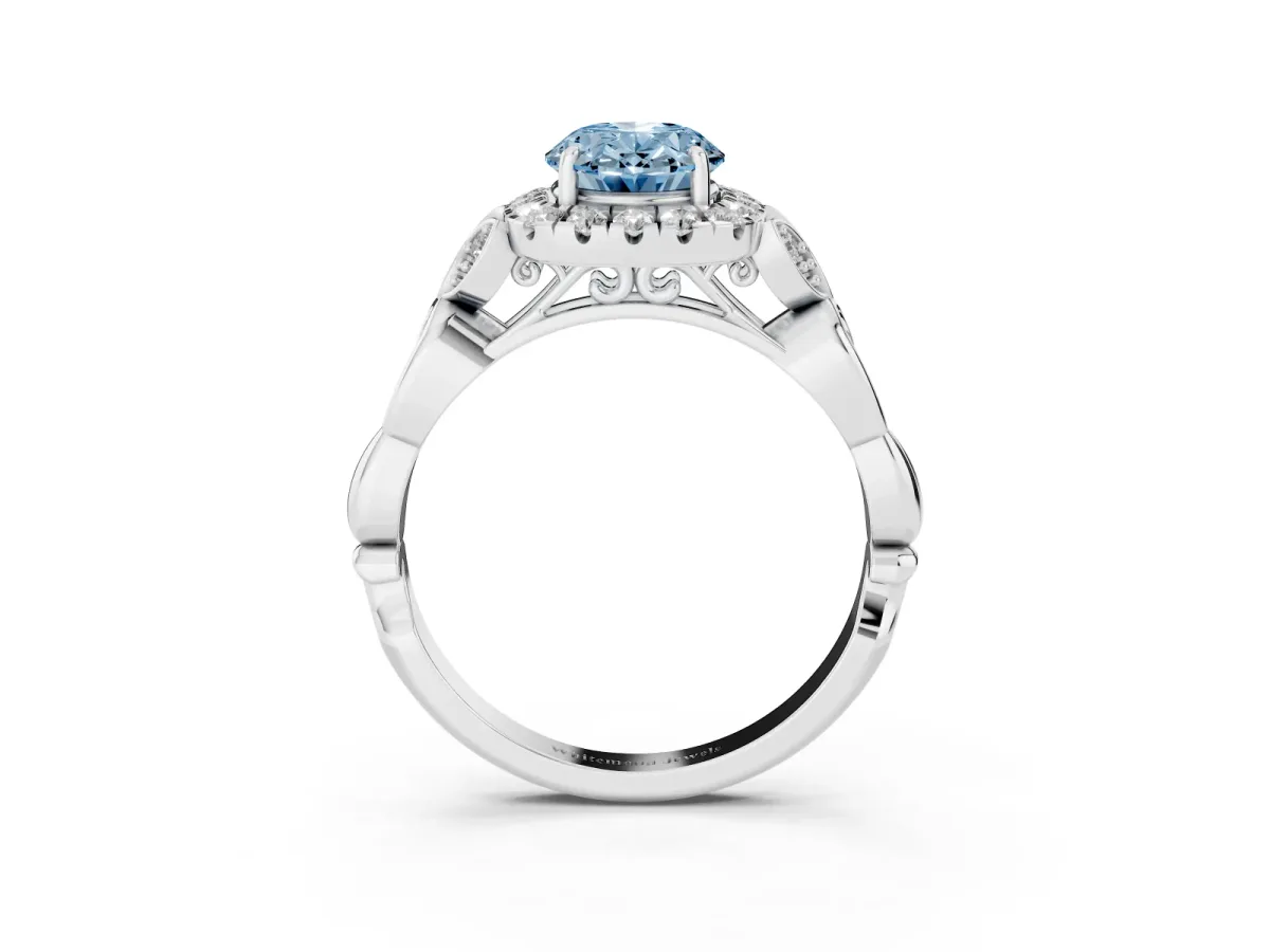 Fancy Blue Oval Cut Halo Diamond Engagement Ring with Vintage-Inspired Band and Four-Prong Setting White gold