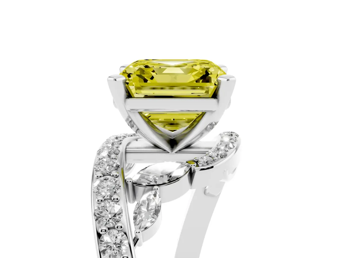 Fancy Yellow Asscher Cut Solitaire with Pavé Twist Band and Four-Prong Setting Platinum