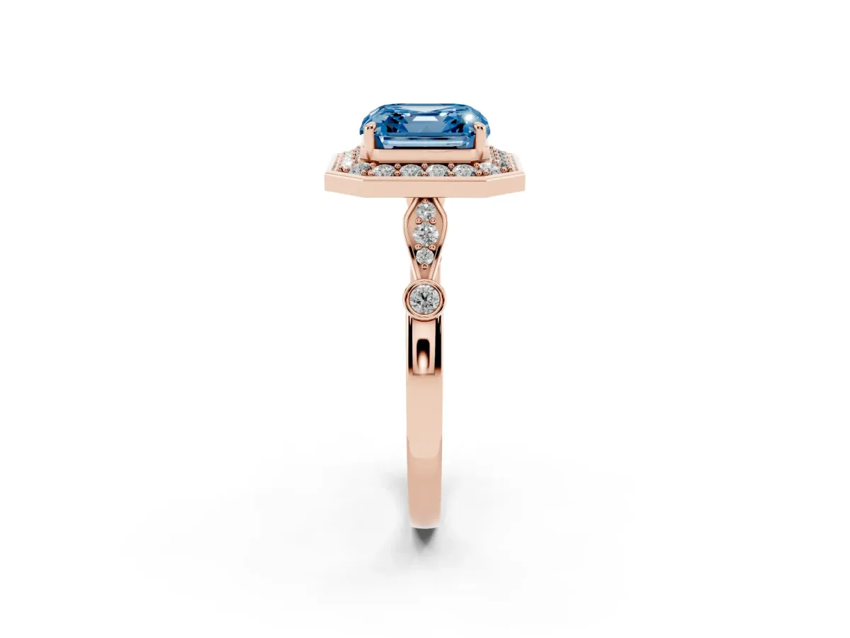 Fancy Blue Asscher Cut Halo Diamond Engagement Ring with Twisted Band and Four-Prong Setting Rose gold
