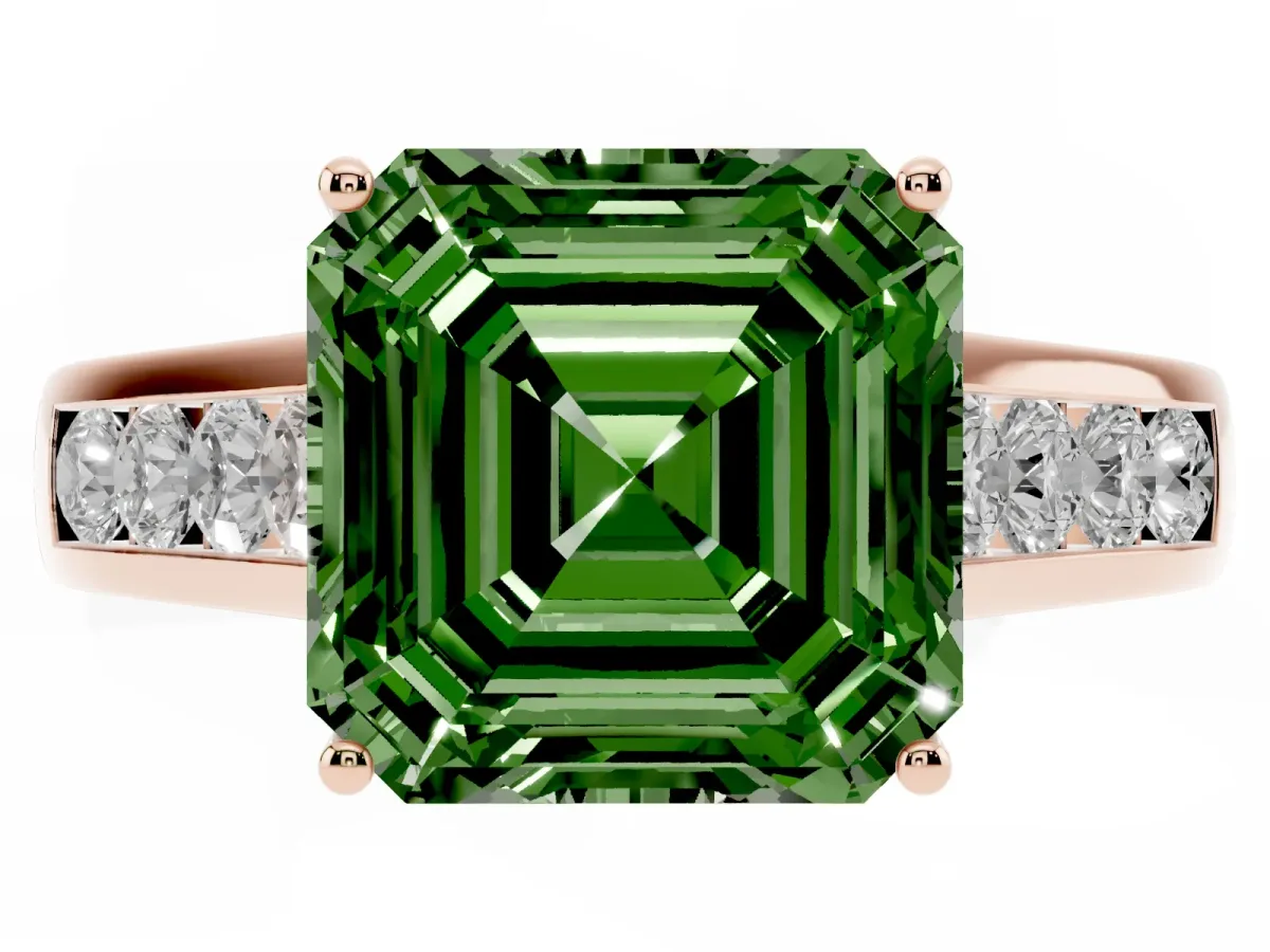 Fancy Green Asscher Cut Brilliant Channel-Set Solitaire Ring with Four-Prong Setting Rose gold