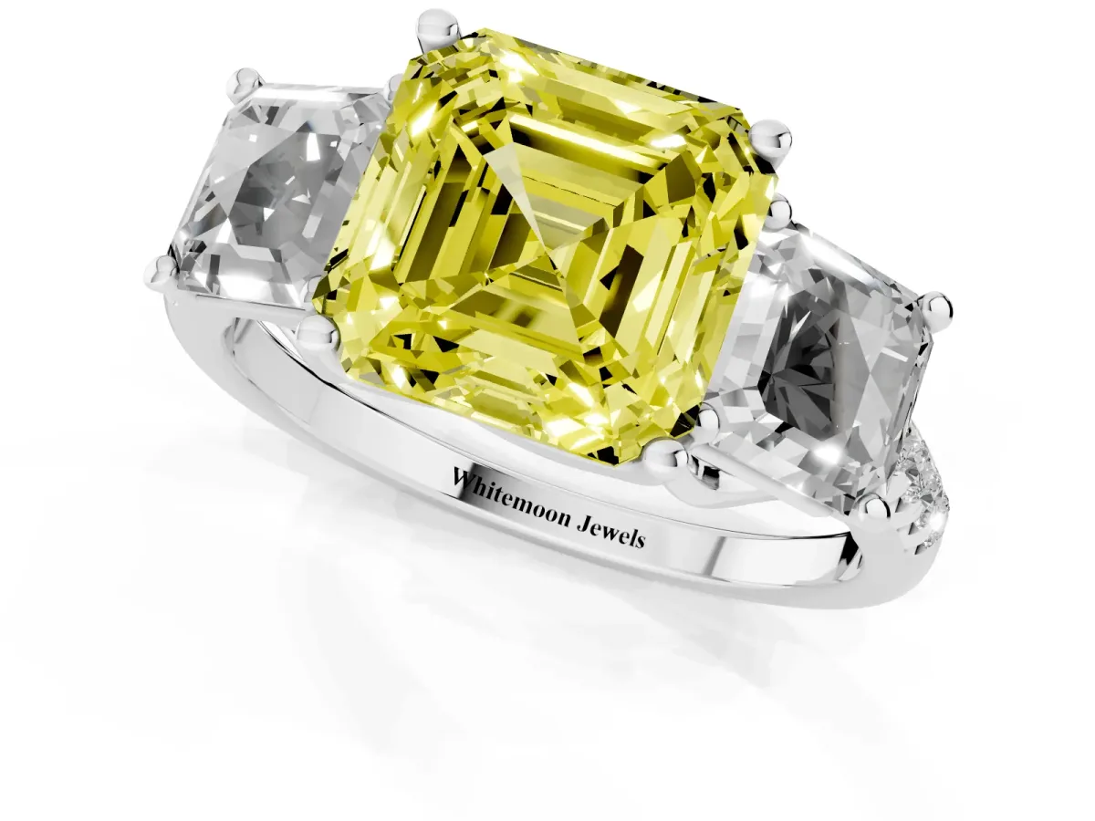 Fancy Yellow Three-Stone Asscher Cut Diamond Ring with Round Pavé Band and Prong Setting Silver