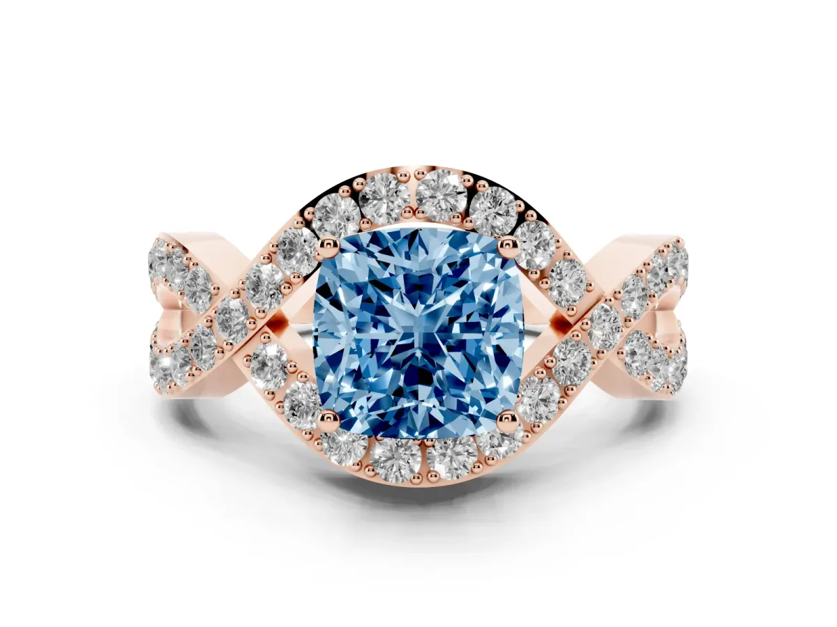 Fancy Blue Cushion Cut Solitaire Twist Band Pavé Diamond Engagement Ring Rose gold