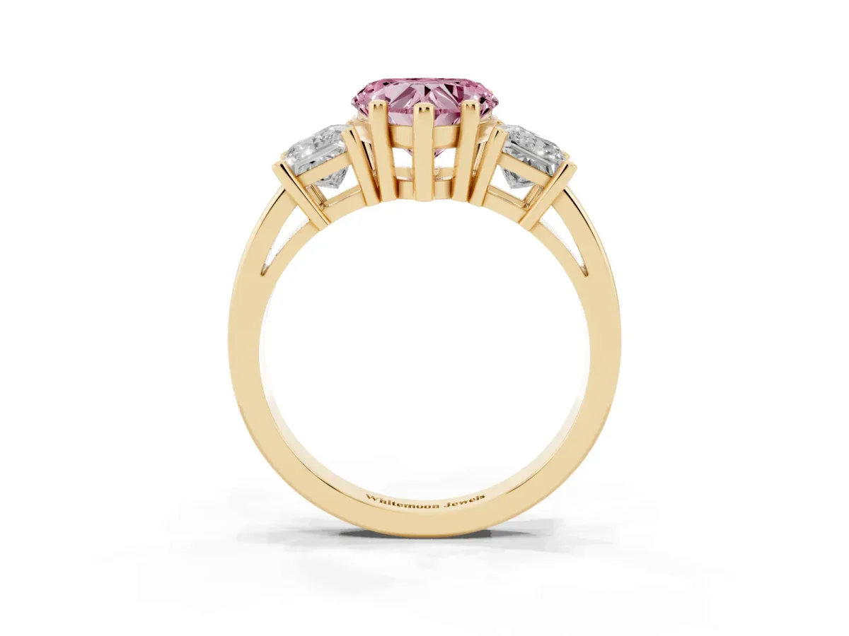Fancy Pink Three-Stone Heart Cut Cut Solitaire Ring with Prong Setting Yellow gold
