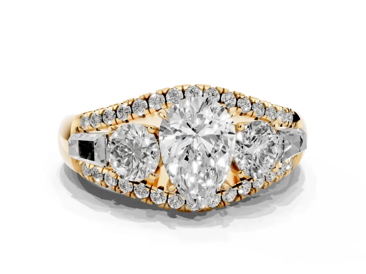 Three-Stone Pear Cut Diamond Engagement Ring with Pave Band and Prong Setting Yellow gold