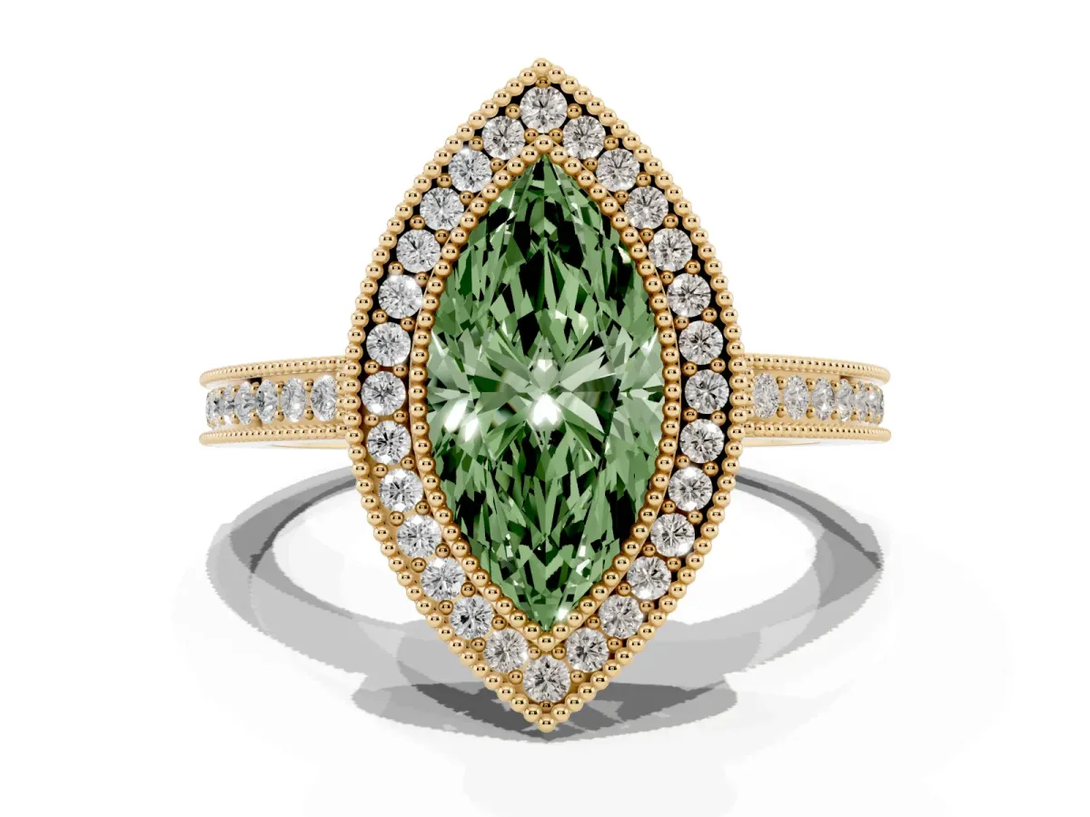 Fancy Green Marquise Cut Cut Halo Diamond Ring with Pavé Band and Milgrain Prong Setting Yellow gold