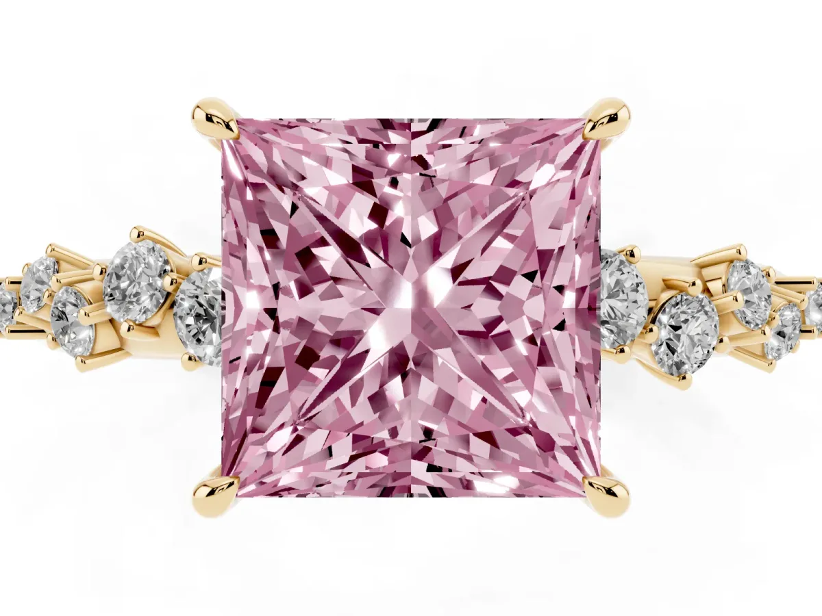Fancy Pink Princess Cut Diamond Cluster Side Stone Solitaire Ring with Prong Setting Yellow gold