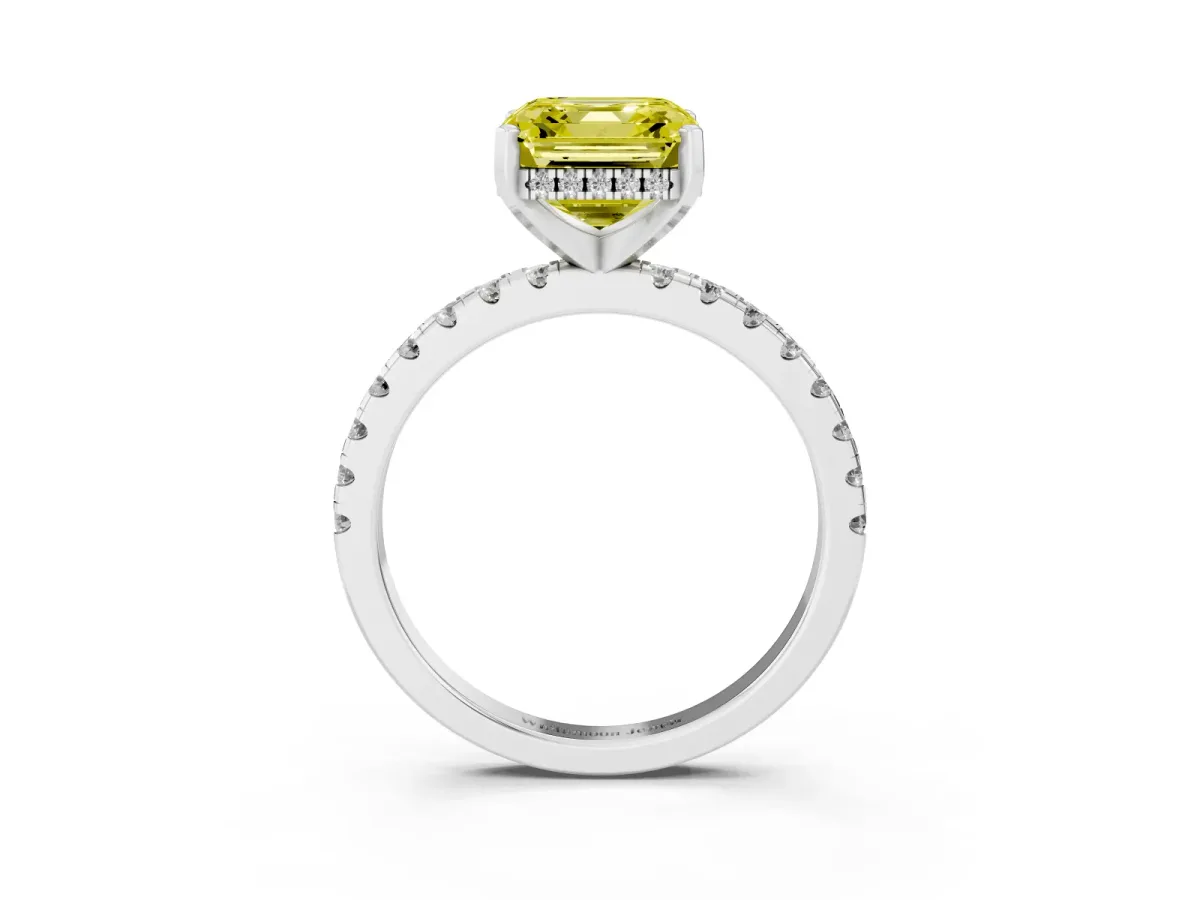 Fancy Yellow Asscher Cut Diamond Solitaire Ring with Round Pavé Band and Four-Prong Setting Silver