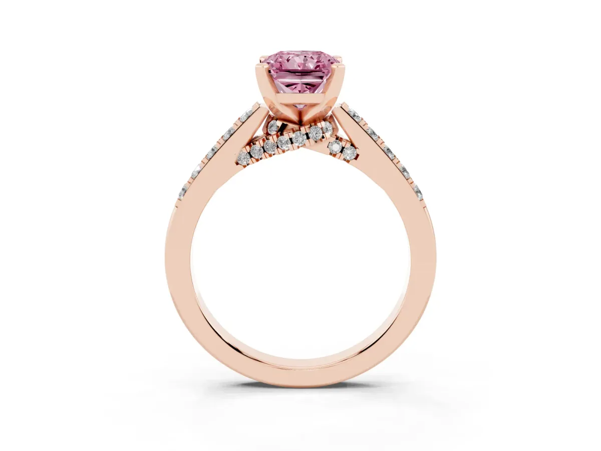 Fancy Pink Radiant Cut Diamond Solitaire Ring with Crossover Gallery and Round Pavé Band Rose gold