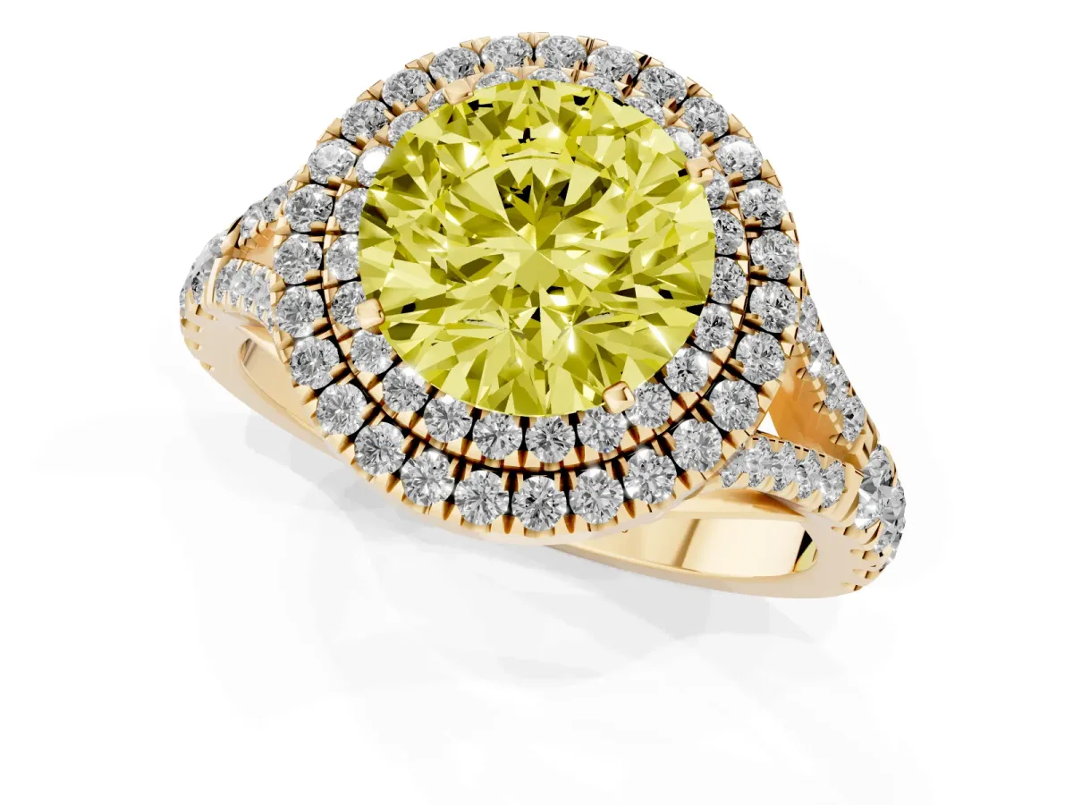 Fancy Yellow Round Cut Diamond Pavé Split Shank Double Halo Engagement Ring Yellow gold