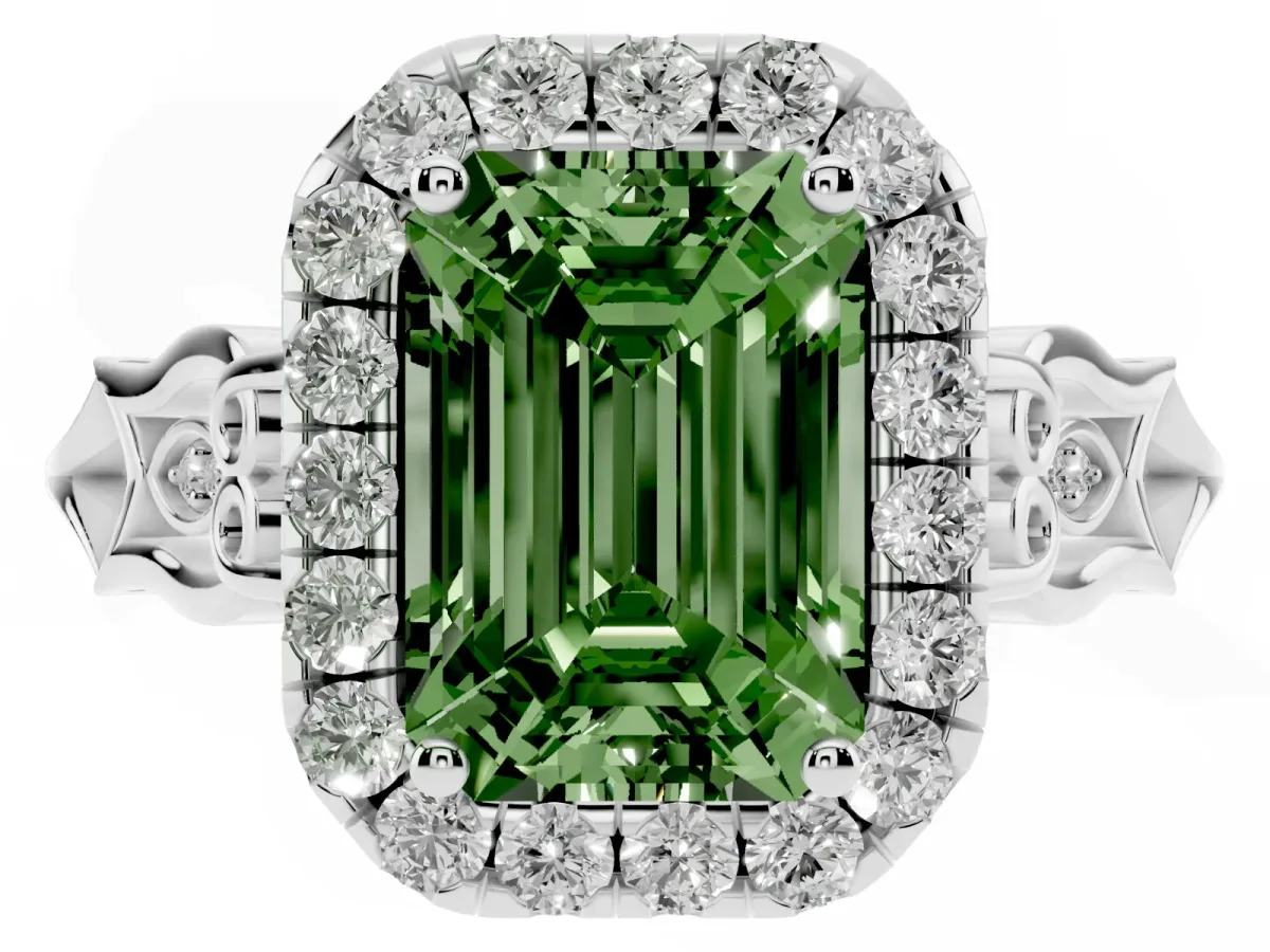 Fancy Green Emerald Cut Halo Diamond Engagement Ring with Filigree Band and Four-Prong Setting Platinum