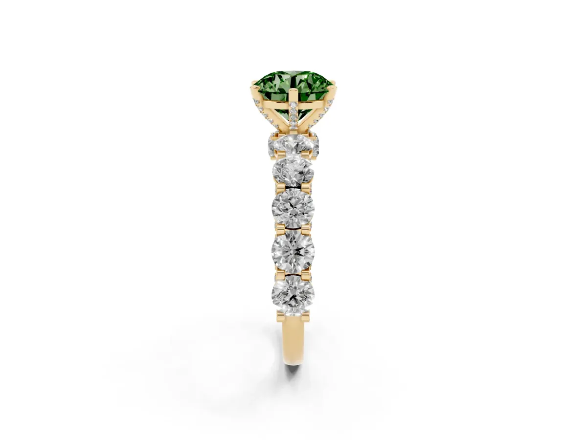 Fancy Green Round Cut Diamond Side Stone Engagement Ring with Four-Prong Setting Yellow gold