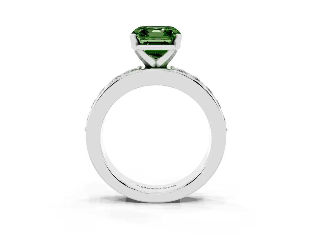 Fancy Green Asscher Cut Diamond Engagement Ring with Channel Set Round Band and Prong Setting Platinum